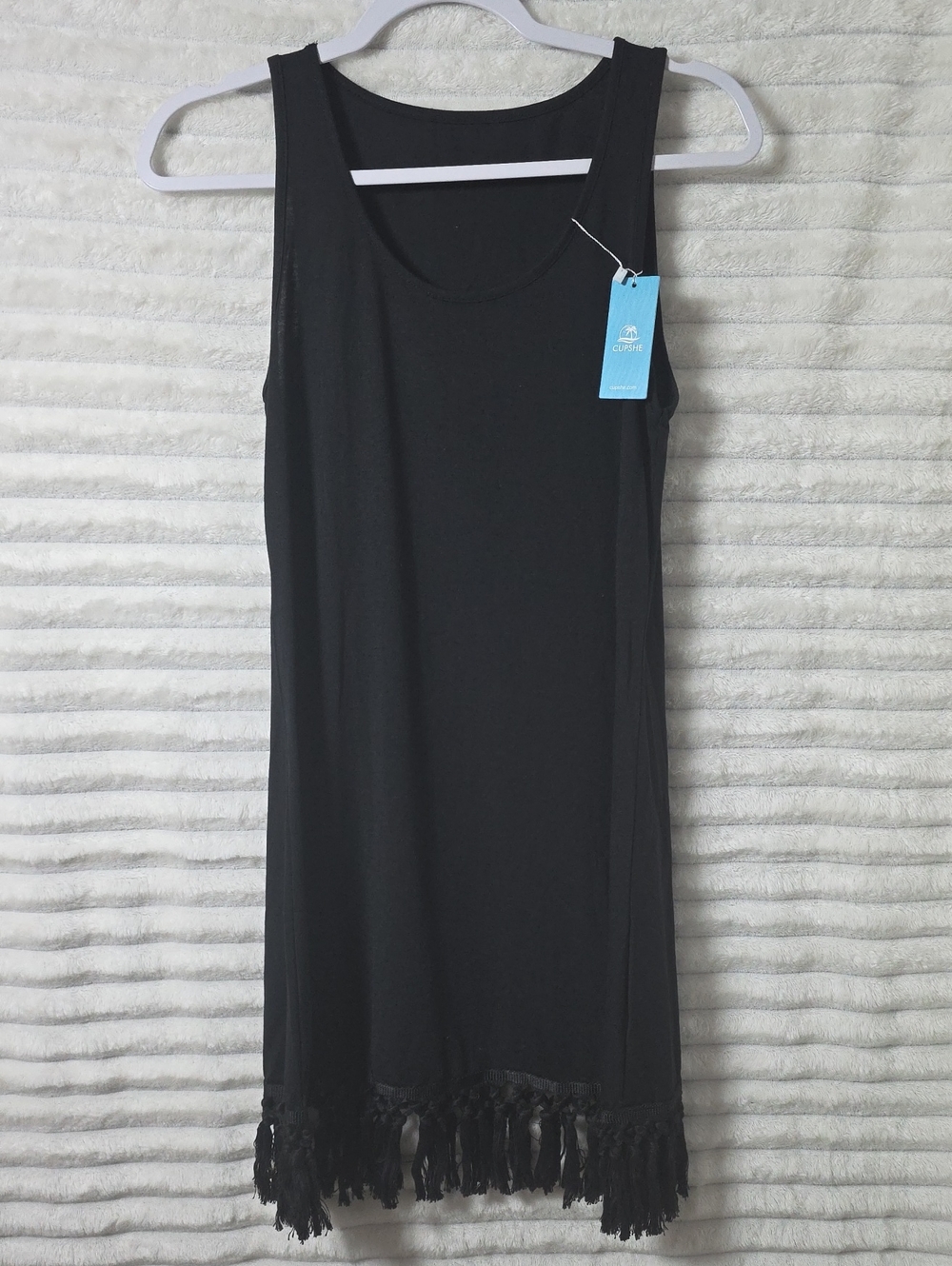 0317 Cupshe Black Sleeveless‎ Fringe Hem Dress